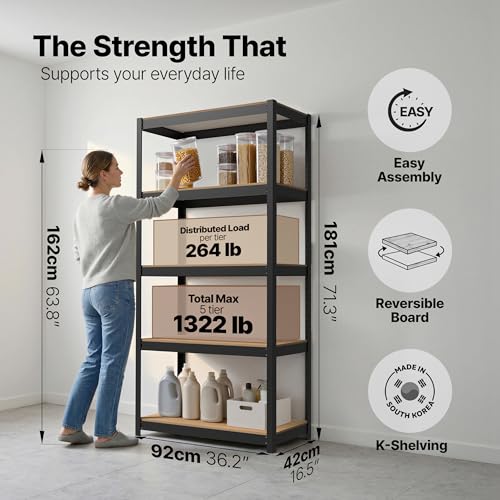 HOMEDANT House 36.2" W 5 Tier Heavy Duty Garage Shelving Adjustable Metal Rack Storage Shelves Standing Shelf Unit Organizers Pantry Closet Office Black 1Pack - color: Black, size: 36.2"W x 16.5"D
