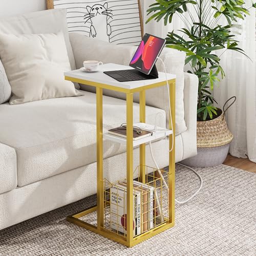 Vagusicc C Shaped End Table with Charging Station, Side Table for Couch, Small Side End Table for Small Spaces, 28" High Slide Under Sofa Table for Coffee, Tv Tray Table for Living Room, Golden - color: Golden