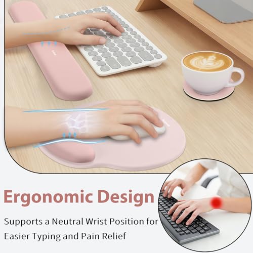 Sushret Mouse Pad and Keyboard Wrist Rest, 3-in-1 Gel Memory Foam Ergonomic Mouse Pad with Wrist Rest Set, Gaming Mousepad Arm Cushion Support for Computer Office Desk Accessories Cute Setup, Pink - color: Pink