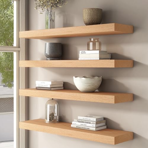 FLYJOE Floating Shelves for Wall, USA-Sourced Oak Wood 16 Inch Wall Shelves Set of 2, Natural Wooden Mounted Picture Ledge Shelf, Nursery Book Storage Shelf Kids Bookshelf Display, Shelf for Bathroom - color: Usa-sourced Oak Wood, size: 16''W, 2Packs