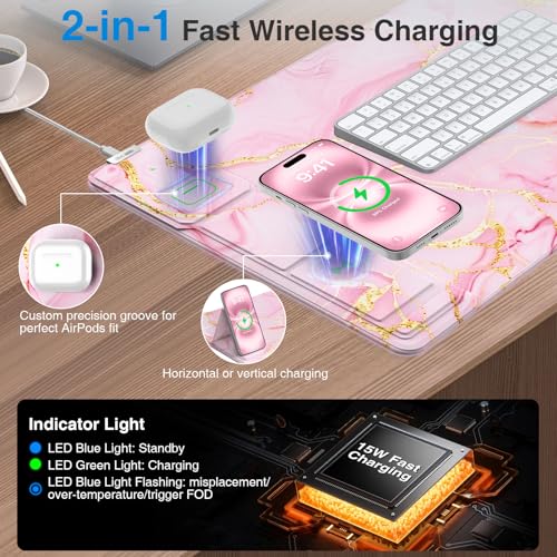 Wireless Charging Mouse Pad with Foldable Phone Holder, 31.5"x15.8" Large Desk Mat for Laptop/Keyboard, Waterproof Ultra-Smooth Surface, Non-Slip Base, Pink Marble - color: Pink Marble-31.5"x15.8"-Phone Holder