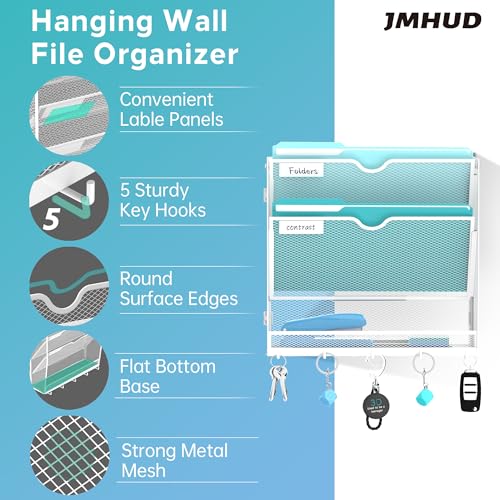 Wall File Organizer - Hanging File Organizer with 5 Hooks, Mail Holder Wall Mounted for Papers, Folders, Magazines, Bills, 3 Tier Office&School Organization, White - color: White, size: 3 Tier