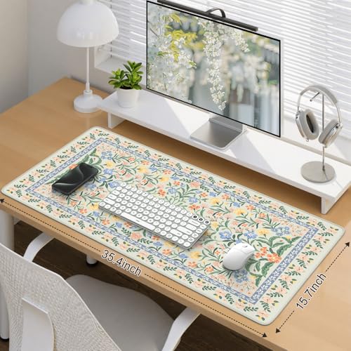 iCasso Desk Matt for Desktop, Desk Pad Mat, Green Floral Computer Mat for Keyboard and Mouse, XXL Large Mouse Pad, Anti-Slip Big Mousepad with Stitched Edges (Green) - color: B-green Floral, size: 35.4L x 15.7W inches