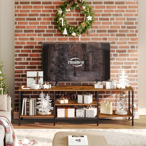 HOOBRO TV Stand with Power Outlets to 75 Inches, TV Console Table with Open Storage Shelves Cabinet, Industrial Media Entertainment Center for Living Room Bedroom, Rustic Brown and Black BF80DS01 - color: Rustic Brown + Black, size: 70.9 Inch