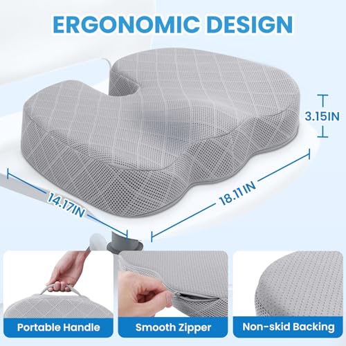 TushGuard Office/Car Seat Cushion, Non-Slip Sciatica & Back Coccyx Tailbone Pain Relief Chair Pad, Memory Foam Butt Pillow for Computer Desk, Wheelchair, Driving (Light Grey) - color: Light Grey, size: Large
