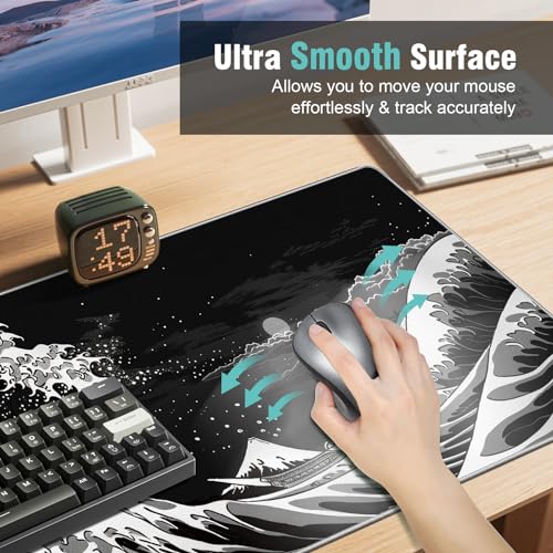Japanese Sea Wave Gaming Mouse Pad, 31.5×11.8in Japanese Kanagawa Black Mousepad Desk Mat, High-Performance Smooth Precision Fabric Mousepad for Fluid Control, Stable Non-Slip Rubber Base Mouse Pad - color: Japanese Sea Wave-Black White, size: 31.5L x 11.