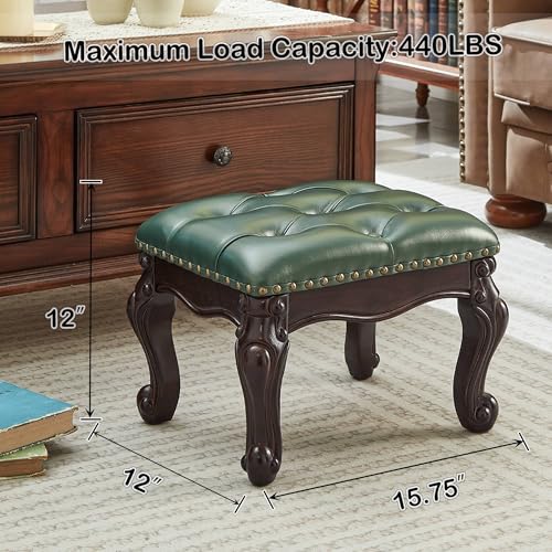 Foot Stools Ottoman, Small Vintage Leather Footstool for Living Room, Solid Wooden Ottoman Foot Rest,Shoe Change Bench at the Entrance (Dark Green) - color: Dark Green