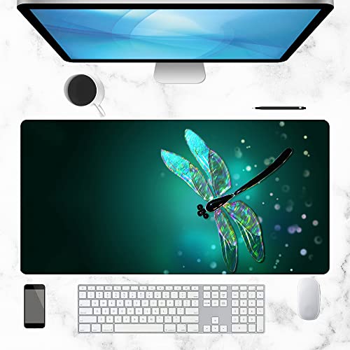 Dragonfly Gaming Desk Mat Large, Fantasy Green Dragonfly Extended Mousepad,Non-Slip Rubber Mouse Pad Stitched Edges,Desktop Decorative Accessories for Home Office 31.5" x 15.7" - color: Fantasy Green Dragonfly