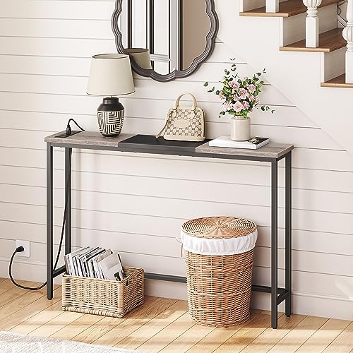 HOOBRO Narrow Console Table with Power Outlets, 44.9 Inches Sofa Table, Slim Behind Couch Table, Entryway Table with Display Shelf, for Living Room, Foyer, Hallway, Greige and Black BG114UXG01 - color: Greige + Black