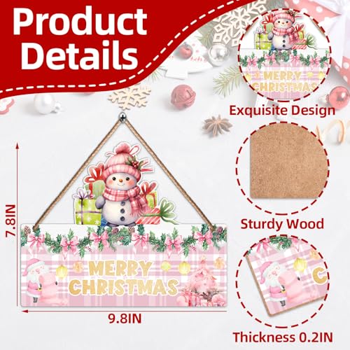 1PCS Merry Christmas Wall Hanging Sign, Pink Wooden Sign for Front, Chrismas Theme Welcome with Snowman, Perfect for Winter Farmhouse Garden Porch Wall Decor (Christmas Door Sign) - size: 1pcs-pink-christmas