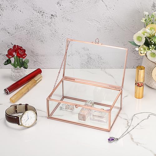 Hipiwe Vintage Glass Keepsake Box Rectangle Jewelry Display Organizer Lidded Box Home Decor Glass Decorative Box for Trinket Rings Earrings Bracelet, Rose Gold, Small - color: Rose Gold, size: Small