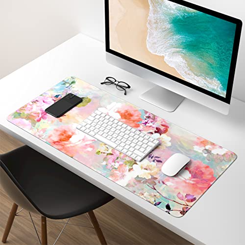 Extended Gaming Mouse Pad, XXL Large Desk Pad 30 x 14 Inch, Big Computer Keyboard Mousepad, Waterproof Mouse Mat with Stitched Edges and Non-Slip Base for Women Office Gaming, Flower - color: Flower
