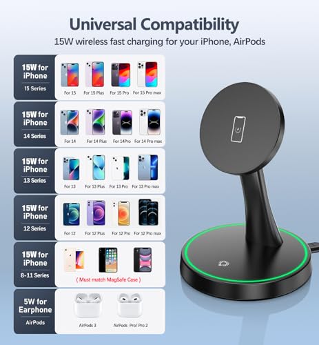 Magnetic Wireless Charger Stand 15W Fast Mag-Safe Charger for iPhone 17/17 pro/ 17 Air/ 17 pro max 16/15/14/13/12 Series Magnet Wireless Charging Station/Pad with Sleep-Friendly Light for AirPods - color: Black