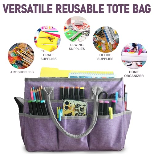Cupohus Art Organizer Craft Storage Tote Bag with Pockets and Handles, Oxford Fabric Carrying Caddy for Teacher, Officer, Artist, Traveler –Purple - color: Purple