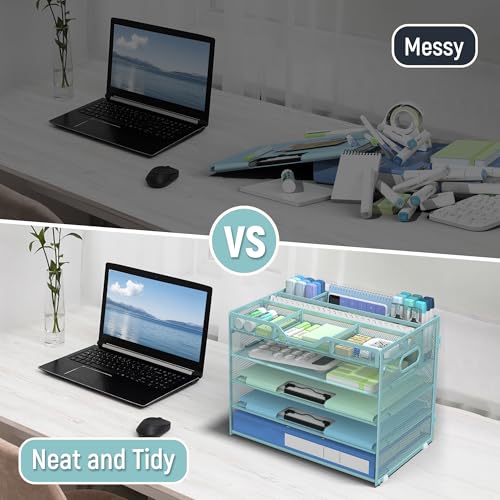 Docnest 5 Tier Mesh Desk Organizer- Letter Tray with Adjustable Compartments, Mesh Desktop Storage Built in Pen Holder and Handles, Desk Organizer Tray for Mail Documents Office Supplies-Blue - color: Blue
