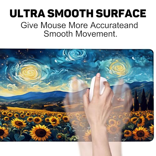 Sunflowers Under A Starry Night Sky Gaming Mouse Pad Large Desk Mat Extended Keyboard Anime Mousepad with Non-Slip Base and Stitched Edge for Desk Home Office Gaming,31.5 x 11.8 Inch - color: Sunflowers under A Starry Night Sky, size: 11.8*31.5inch