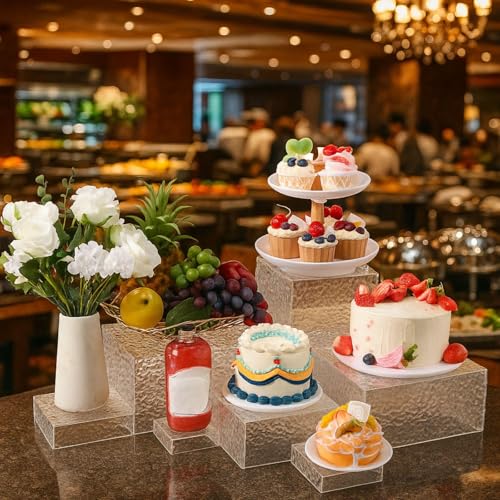 Geelin 8 Pack Acrylic Buffet Risers - 3 to 10 Inch Decorative Cube Boxes, Display Stands with Hollow Bottoms for Food Jewelry Table Display Supplies(Clear,Wave) - color: Clear, style: Wave