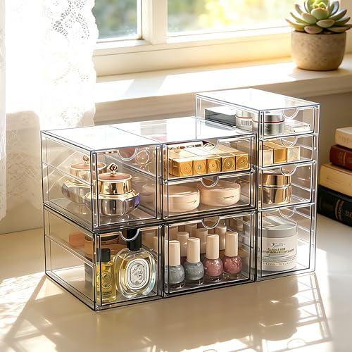 Prsildan Acrylic Drawer Makeup Organizer with 9 Drawers, Set of 3 Office Desk Organizers Accessories, Clear Stackable Storage Drawers for Vanity, Countertop, Craft, Jewelry, Art Supply Organization - style: 9 Drawers