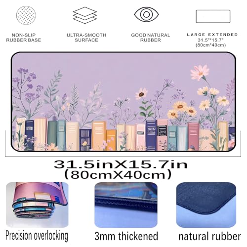 Purple Book Desk Pad Mat XXL, Lavender Flower Large Mousepad, Game Desk Mat, Extended Laptop Keyboard Mats, Cute Desktop Protection Pad, Women's Home Office Desk Decoration 31.5"X15.7" - color: Purple Lavender