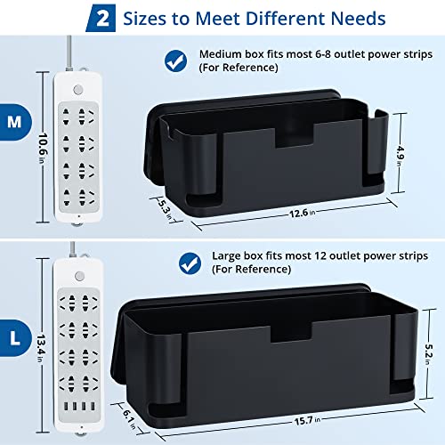 ZhiYo Cable Management Box, Power Strip Organizer, 2 Pack (M & XL), Black | Fits Power Strips Up to 13.4", Hidden Rear Cable Routing, Durable ABS Construction, Ideal for Desks, TV Areas & Floor Corners - color: Black, size: Extra Large + Medium