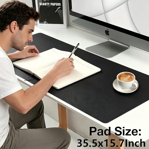 ALOANES Extra Large PU Leather Mouse Pad, Waterproof Desk Pad with Non-Slip Rubber Base, Smooth Gliding Surface for Office & Home, 40"x90" Large Desktop Mat, Black - color: Black
