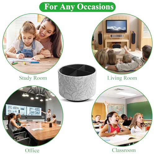 Round Leather Art Supply Organizer,Remote Control Holder,360 Degree Spinning,Multi-Functional Pencil Holder,4 Compartments Desktop Stationary Organizer(1-Carved Grey) - color: 1-Carved Grey