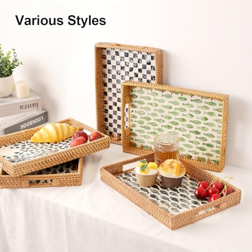 Rectangle Rattan Tray with Mother of Pearl Inlay, Rattan Serving Tray with Handle for Coffee, Bread, Fruits, Snacks, Decorative Wicker Tray for Table Decor (Rectangle Black Fish, 13"×9") - color: Dark Blue Fish