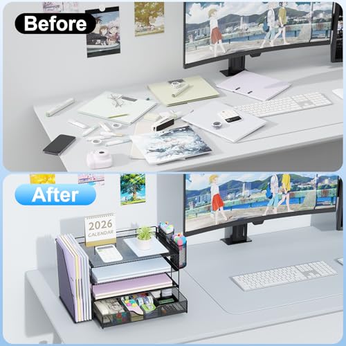 gianotter Desk Organizers and Accessories with File Holder, 4-Tier Desk Accessories & Workspace Organizers with Drawer and 2 Pen Holder, Paper Organizer for Office Supplies (Black) - color: Black