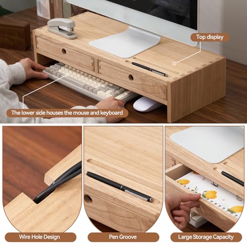 KIRIGEN Wood Monitor Stand with 2 Drawers, Solid Wood Computer Monitor Riser for Desk, Desktop Organizer Shelf with Cable Management, Pen Slots, Natural, No Assembly PMJ-NA - color: Natural