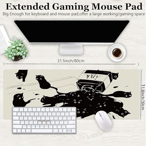 Gaming Mouse Pad XL Extended Anime Mouse Pad 31.5x11.8 inch, Large Cute Kawaii Big Computer Mouse Mat Desk Pad with Non-Slip Rubber Base and Stitched Edge for Home Office-Black Ink Cat - color: Black Ink Cat, size: 31.5L x 11.8W inches