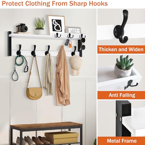 dreampossible 4 in 1 Coat Rack Wall Mount with Shelf, Coat Hooks 25.2" Entryway Coat Hanger with Key Hooks and Mail Holder, Wall Hooks with Shelf, Hat Rack for Wall Key Holder Mail Organizer - color: White