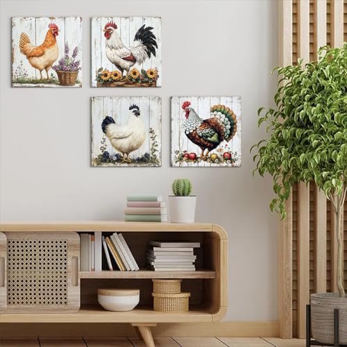 Farmhouse Chicken Kitchen Decor Vintage Farm Rooster Painting Wall Art for Dining Room Country Chicken Coop Signs Wall Decor Home Decorations Rural Cottage Animals Canvas Artwork for Bathroom 12x12"4Pcs - color: Chicken, size: 12 x 12 in