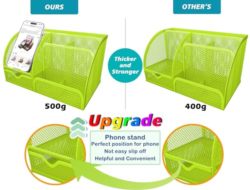 Boutilon Mesh Desk Organizer Desktop Office Supplies Stationary Organizer with 6 Compartments and 1 Drawer Multi-Functional Caddy Pen Holder for Home Office School Desk Decor(Fruit Green) - color: Fruit Green