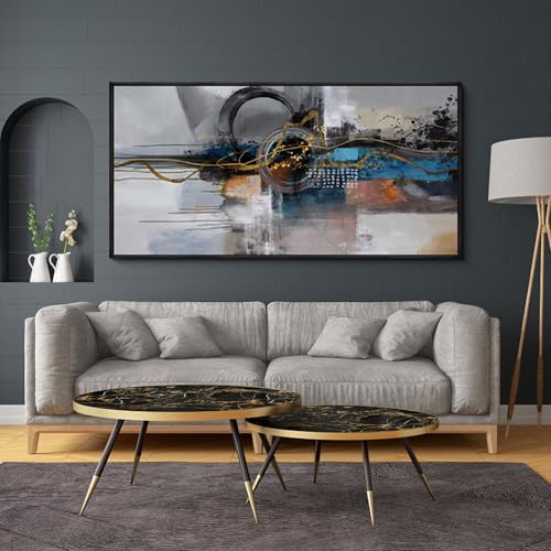 XLSJERST Large Abstract Frame Wall Art - Black and Blue Cnavas Framed Artwork for Walls Modern Minimalist Boho Gray Pictures Wall Decor for Living Room Bedroom Office Home Decoration 24x48 Inches - color: Gold and black grey, size: 24x48 inches