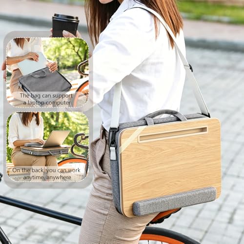Portable Lap Desk for Bed with Bag | Light wood color, suits 14"-17" Laptops, padded cushion, hand & shoulder straps, tablet & phone slots for home, car & travel - color: Light Brown