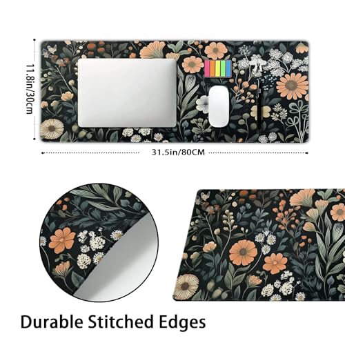 Aesthetic Dark Flower Gaming Mouse Pad XL Floral Plant Botanical Flowers Extended Big Large Desk Mat Non-Slip Rubber Base Stitched Edge Long Keyboard Mousepad for PC Computer Laptop,31.5×11.8 in - color: Aesthetic Dark Flower, size: X-Large