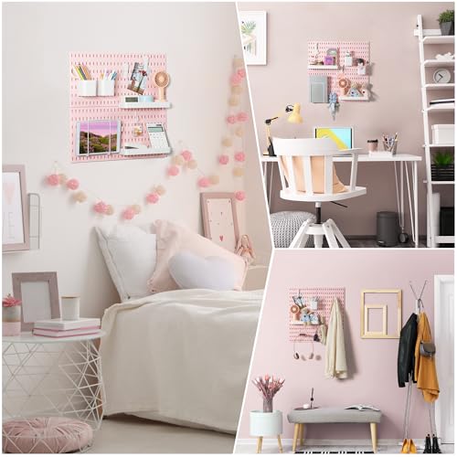 VUSIGN Pegboard Combination Wall Organizer Kit, 4 Pieces Pegboards and 17 Accessories Modular Hanging, Wall Mount Display Peg Board Panel Kits for Bedroom, Home, Office, Bathroom, 22" x 22", Pink - color: Pink2 - 4 Pieces