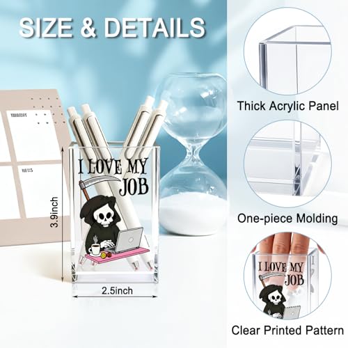 I Love My Job Acrylic Makeup Brush Pencil Holder Cup, Funny Grim Reaper Pen Holder For Friends HR Nurse, Office Sarcastic Gifts for Women Coworker Employees, Gag Gifts for Office Desk - color: black & pink