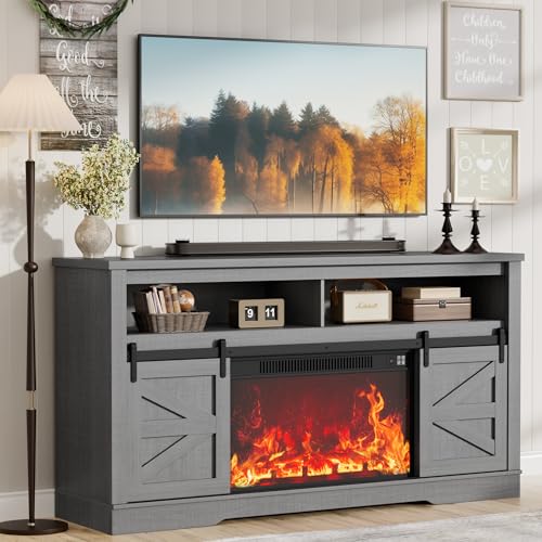 JUMMICO Fireplace TV Stand for 65+ Inch TV with 26'' Fireplace Entertainment Center with Storage Cabinet and Adjustable Shelves Media Console with Sliding Barn Door for Living Room (Pale Gray) - color: Pale Gray, size: 58 Inch Fireplace TV Stand