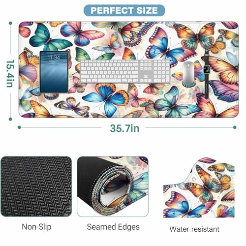 Colorful Butterfly Desk Mat Large Mouse Pad Blue Pink Purple Full Extended Gaming Computer Keyboard Mousepad for Home,Office 35.4"X15.7" - color: colorful Butterfly