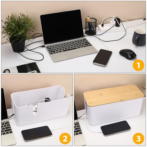 ZhiYo Cable Management Box, Power Strip Organizer, Large, 1 Pack, White | Fits Power Strips Up to 12.5" Long, Natural Bamboo Lid, Extra-Tall Design for Oversized Adapters, Ideal for Desks, TV Areas - color: White, size: Large