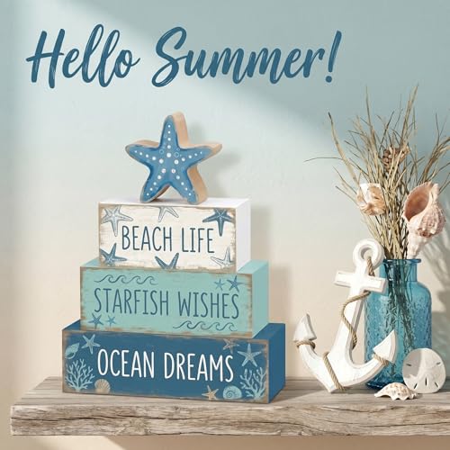 4 Pcs Summer Starfish Bathroom Table Decor Ocean Beach Tiered Tray Decor Blue Coastal Wooden Signs Shelf Sitter Sea Wishes Table Centerpieces for Home Kitchen Office Decorations - style: Starfish