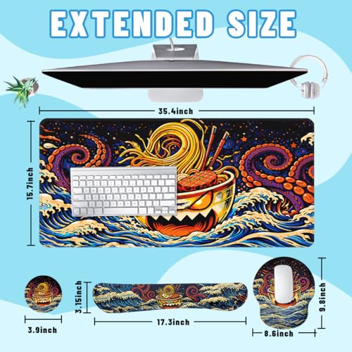 Ramen Desk Mat Set Funny Octopus Japanese Cartoon Large Mouse Pad with Wrist Rest 4in1 Desk Mat for Desktop Ergonomic Keyboard Wrist Support Anti-Slip Computer Ergonomic Mouse Pad Home Office Gaming - color: Ramen