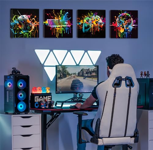 Gamer Room Decor for Boys - Game Wall Art Graffiti Gamepad Earphone Canvas Print Pictures Cool Video Gaming Poster Street Pop Men Cave Teen Bedroom Dorm Playroom Home Artwork Framed 12"X12"X4 Panels - color: game