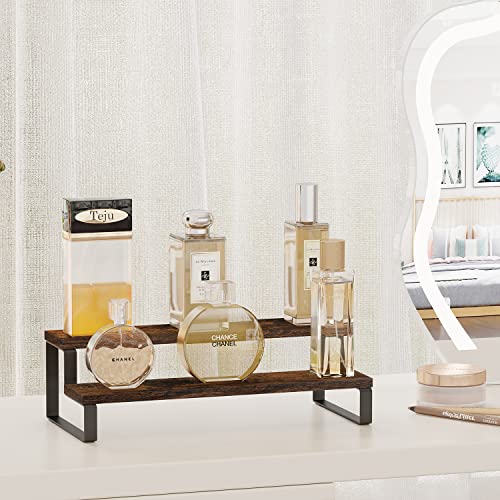 YINMIT Wooden Display Riser Stand, Tiered Perfume and Cologne Organizer Stand, 2 Tier Spice Rack Organizer, Rustic Display Shelf for Candles (2 Tier) - color: 2 Tier,Brown