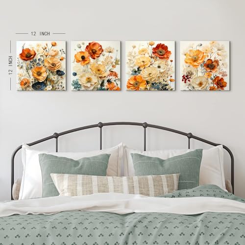 Orange Wall Art Flower Pictures Wall Decor for Bathroom Vintage Floral Pictures Burnt Orange Wildflower Canvas Prints Nature Botanical Paintings Artwork Living Room Bedroom Home Decoration 12x12" 4Pcs - color: Fall Flower, size: 12 x 12 in