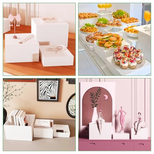 3 Pack Buffet Risers with 3 Signs and 2 Pen, White Food Risers for Buffet Table, Food Display Risers for Party, Acrylic Cube Display Nesting Risers with Hollow Bottoms for Catering Dessert Collectibles Jewelry (Size 8",9",10")