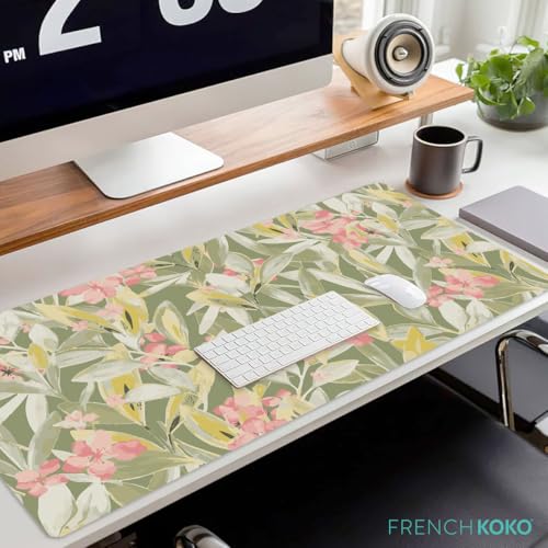 French KOKO Large Desk Mat 36" x 16.5" – Extended Floral Botanical Mouse Pad for Keyboard & Mouse – Non-Slip Waterproof Protector Aesthetic Office Desk Pad for Women - color: Green Flowers, size: 16.5" x 36"