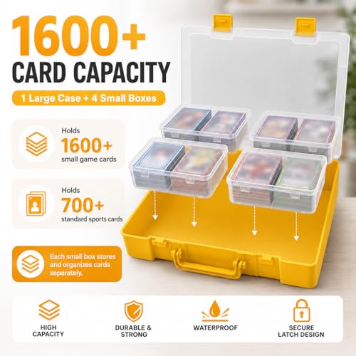 ALCYON 1600+ Trading Card Storage Box, Waterproof Plastic TCG Card Organizer with 4 Clear Display Cases & Removable Divider, Deck Holder for Baseball, Football, Sports, MTG, PM Game Collections-Yellow - color: yellow