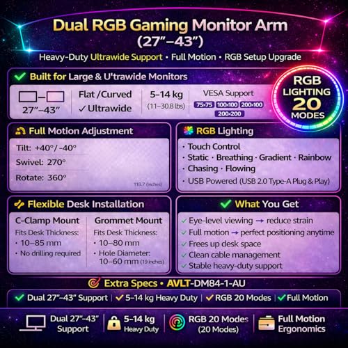 AVLT Dual 27”-43” RGB Gaming Monitor Arm Desk Mount Built-in 20 Lighting Modes Touch Button Control Fits Flat/Curved/Ultrawide Screen Height Swivel Tilt Rotation Adjustable Monitor Stand -Dark Gray - color: Dark Gray - Dual